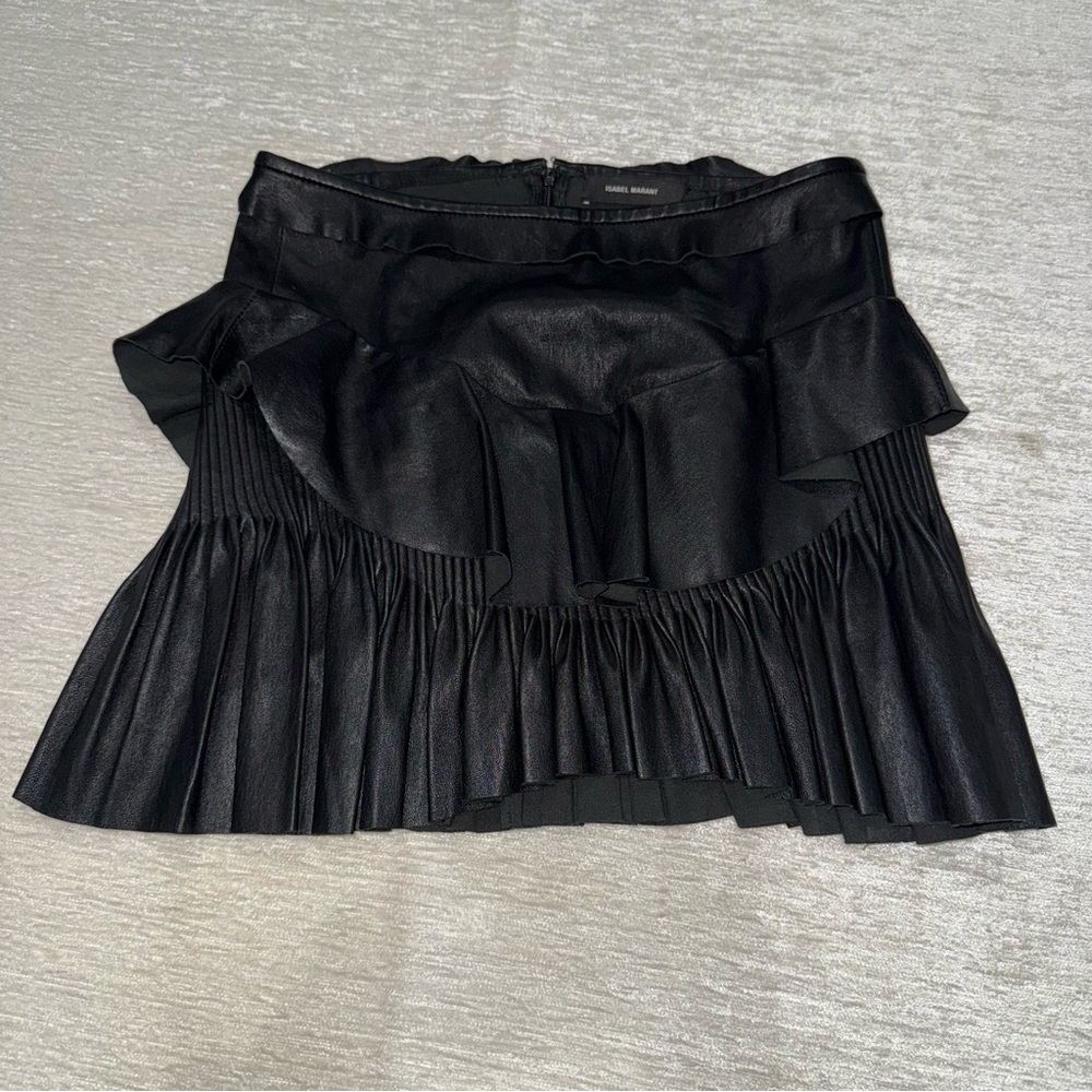 Isabel Marant Ruffled Pleated Black Leather Mini Skirt